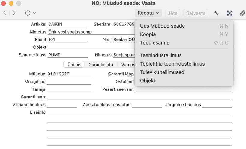 Müüdud seadmed (Registrid), juhendi lk 34