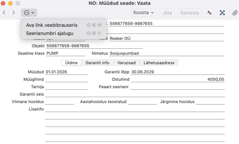 Müüdud seadmed (Registrid), juhendi lk 36