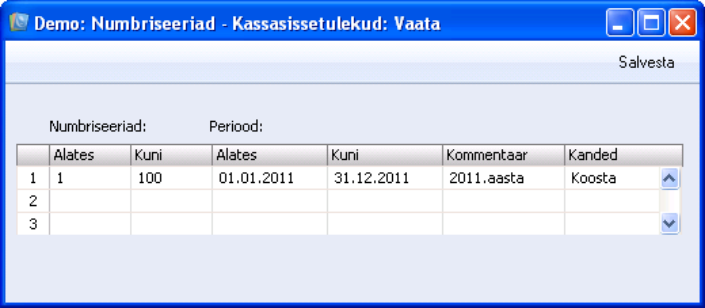 Numbriseeriad – Kassasissetulekud, juhendi lk 12