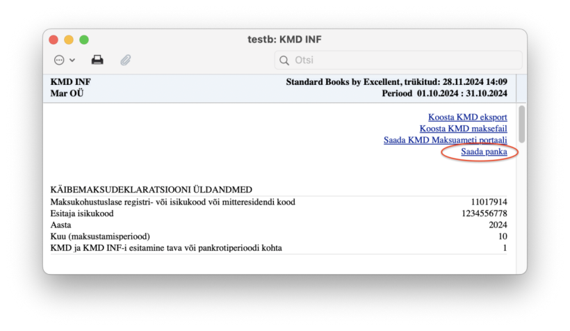 Aruanne KMD INF > Saada panka, juhendi lk 20