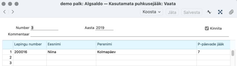 1.1. Algsaldod - Kasutamata puhkusejääk, juhendi lk 6