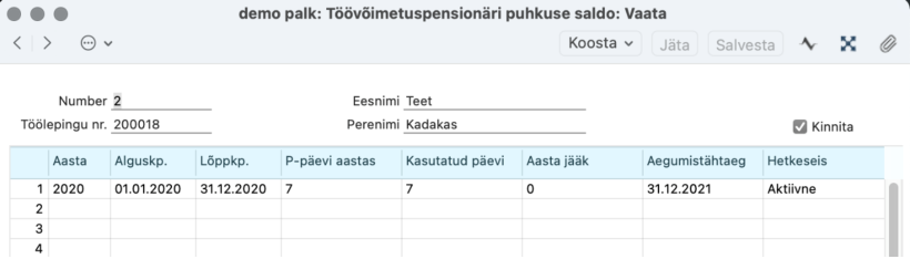 1.32. Töövõimetuspensionäri puhkuse saldod, juhendi lk 40
