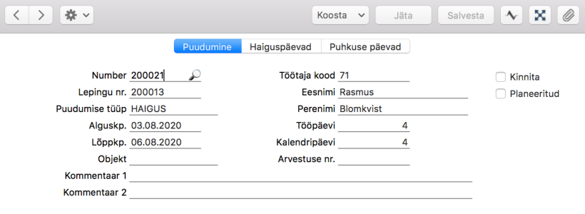 2.6. Puudumised, juhendi lk 67