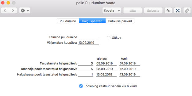 2.6.1. Haigusraha arvutamine juhul, kui tööleping on kestnud alla 6 kuu, juhendi lk 68