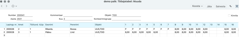 2.8. Tööajatabelid, juhendi lk 75