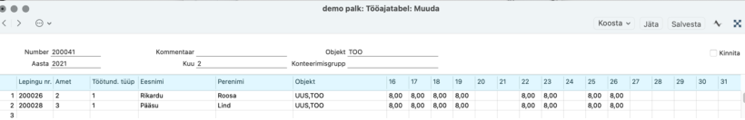 2.8. Tööajatabelid, juhendi lk 76