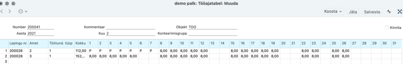 2.8. Tööajatabelid, juhendi lk 76
