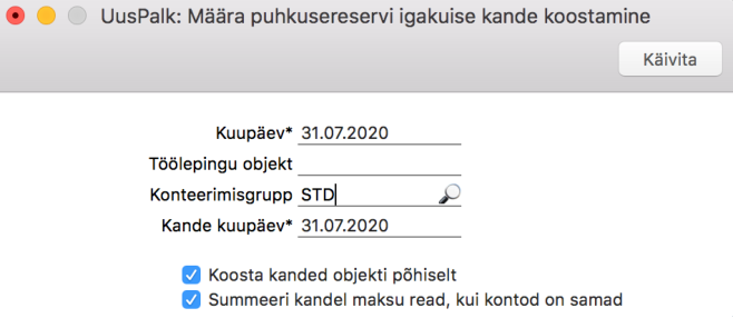 5.10. Koosta puhkusereservi igakuised kanded, juhendi lk 132