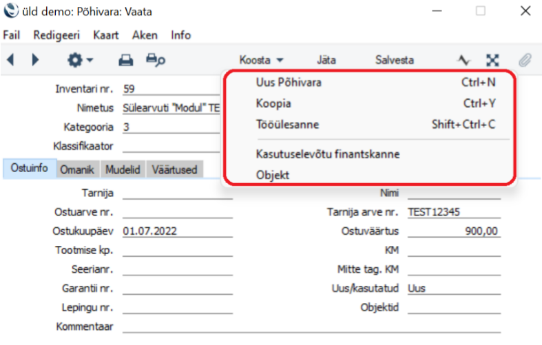 Põhivarade sisestamine, juhendi lk 14