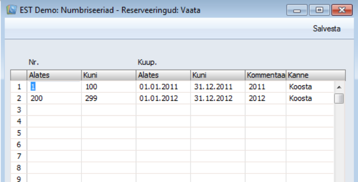 Numbriseeriad, reserveeringud, juhendi lk 7
