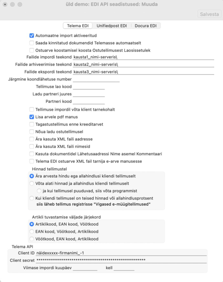 3.2.3 Täida Telema API osas lahtrid „Client ID“ (Kanali ID) ja „Client secret võti“ (APi võti)., juhendi lk 3