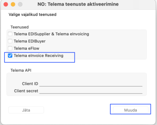 4. Telema API ühenduse aktiveerimine, juhendi lk 5