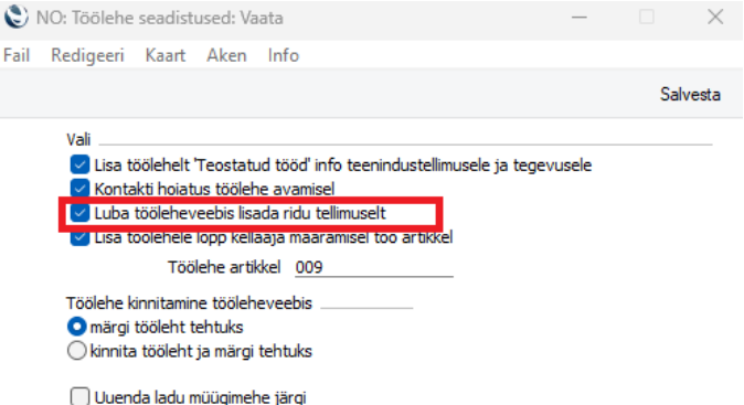 5.1. Tööhelehele müügitellimuse ridade lisamine, juhendi lk 11