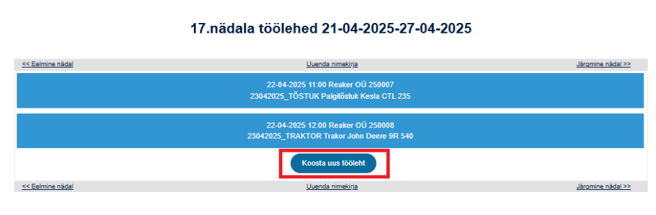6. Uue Töölehe sisestamine, juhendi lk 18